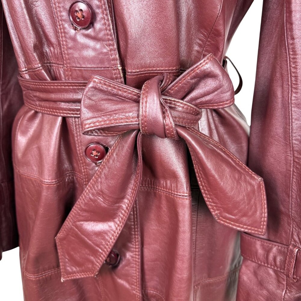 Tfc Women Maroon 100% Genuine Leather Belted Trench Coat Lined With Rayon Sz 8 - Picture 8 of 16